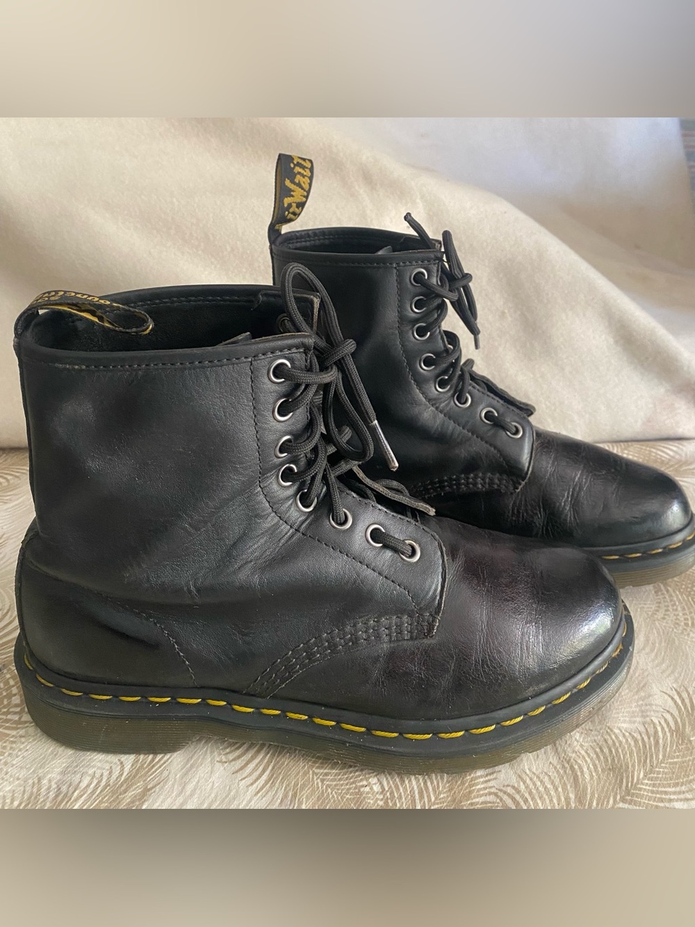 Dr. Martens Black Leather 8-Eye Lace-Up Boots with Yellow Stitching Size M-8-L9-